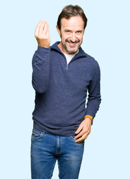 Middle Age Handsome Man Wearing Sweater Doing Italian Gesture Hand — Stock Photo, Image