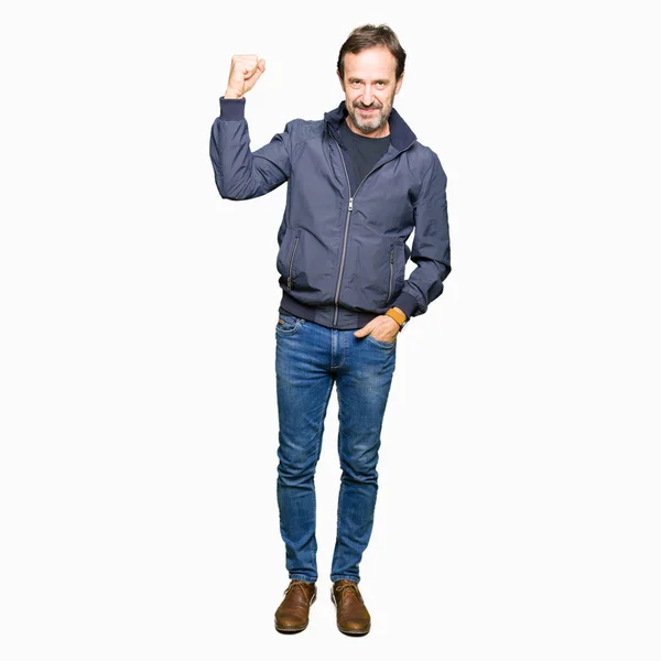 Middle Age Handsome Man Wearing Jacket Strong Person Showing Arm — Stock Photo, Image