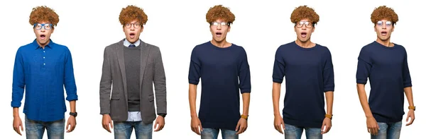 Collage Ung Affärsman Bära Glasögon Över Isolerade Vit Bakgrund Rädd — Stockfoto