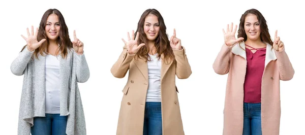 Collage Einer Schönen Size Frau Die Winterjacke Über Isoliertem Hintergrund — Stockfoto