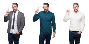 Başarılı bir fikir ile parmak işaret beyaz izole arka plan üzerinde yakışıklı iş adamı Kolaj. Çıktı ve mutlu. Bir numara.