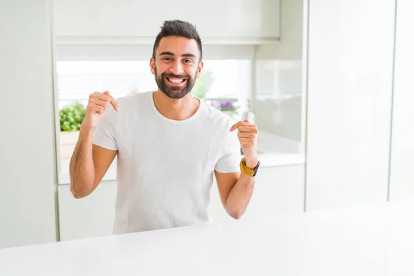 Handsome Hispanic Man Casual White Shirt Home Looking Confident Smile — Stock Photo, Image