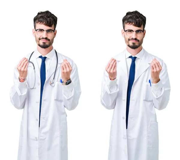 Κολάζ Νέος Γιατρός Άνθρωπος Φορώντας Ιατρικό Παλτό Κάνοντας Χειρονομία Χρήματα — Φωτογραφία Αρχείου