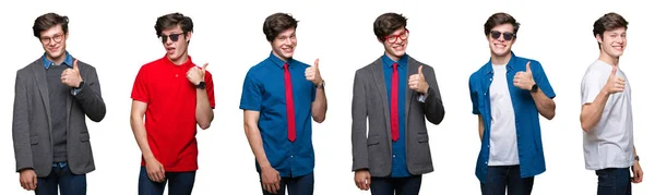 Collage Young Man White Isolated Background Doing Happy Thumbs Gesture — Stock Photo, Image