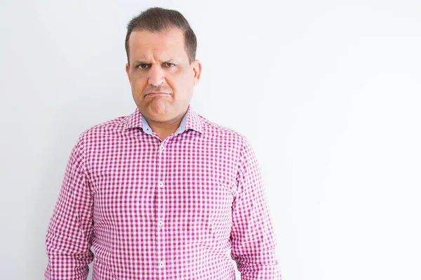 Hombre Mediana Edad Con Camisa Negocios Sobre Pared Blanca Deprimido —  Fotos de Stock