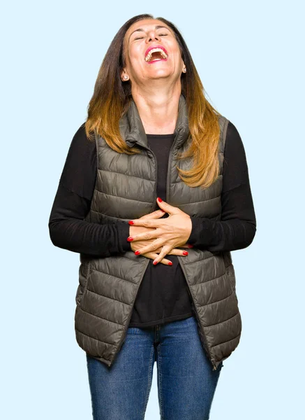 Beautiful Middle Age Woman Wearing Winter Vest Smiling Laughing Hard — Stock Photo, Image