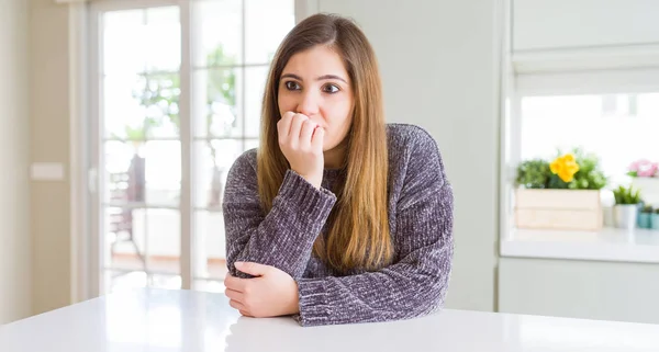 Beautiful Young Woman Home Looking Stressed Nervous Hands Mouth Biting — Stock Photo, Image