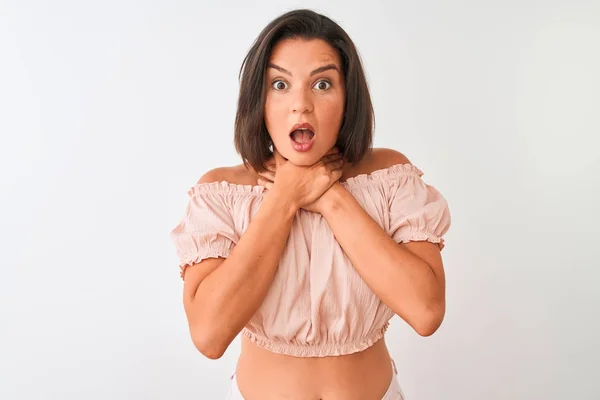 Mulher Bonita Nova Vestindo Shirt Casual Sobre Fundo Branco Isolado — Fotografia de Stock