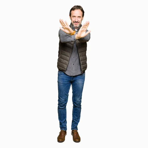 Middle Age Handsome Man Wearing Winter Vest Rejection Expression Crossing — Stock Photo, Image