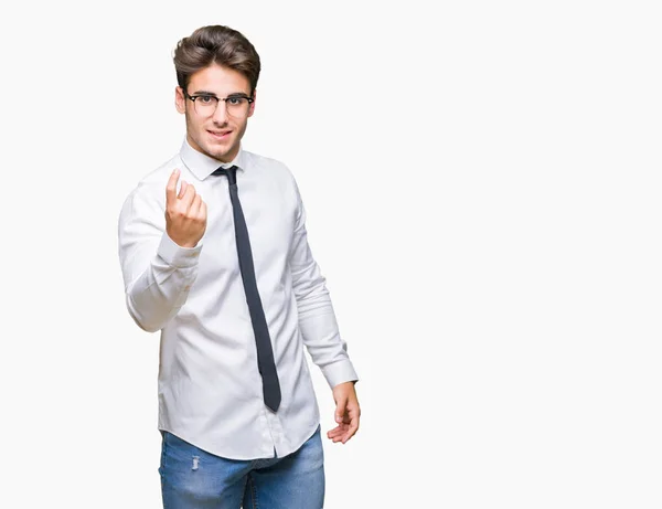 Mladí Hosté Muž Nosíš Brýle Izolované Pozadí Lákají Přijít Sem — Stock fotografie