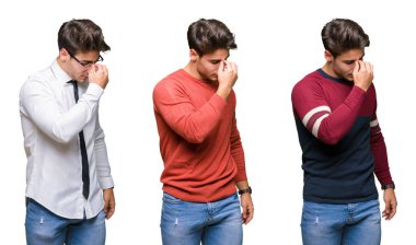 İzole arka plan üzerinde genç yakışıklı iş adamı kolaj burun ve gözler yorgunluk ve baş ağrısı hissi yorgun. Stres ve hayal kırıklığı kavramı.