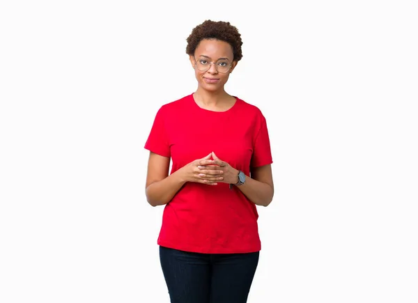 Piękne Młode African American Kobieta Okularach Białym Tle Ręce Razem — Zdjęcie stockowe