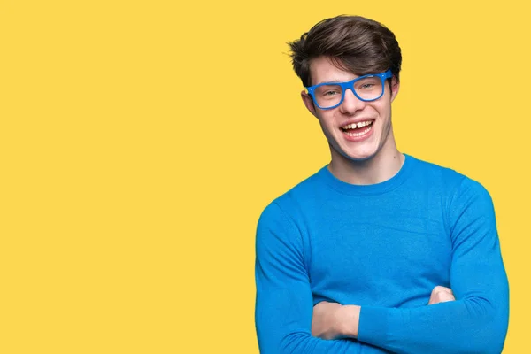 Joven Hombre Guapo Con Gafas Azules Sobre Fondo Aislado Cara —  Fotos de Stock