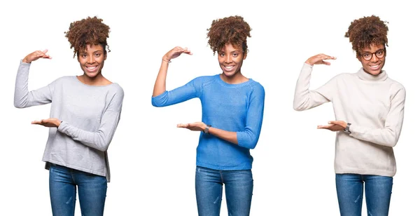 Collage Ung Smuk Afrikansk Pige Isoleret Baggrund Gesturing Med Hænderne - Stock-foto