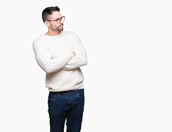 Joven Hombre Guapo Con Gafas Sobre Fondo Aislado Sonriendo Mirando —  Fotos de Stock