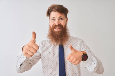 Genç kızıl saçlı İrlandalı işadamı el ile olumlu jest yapıyor onaylayan izole beyaz arka plan üzerinde duran, gülümseyerek ve başarı için mutlu başparmak. Kazanan jest.