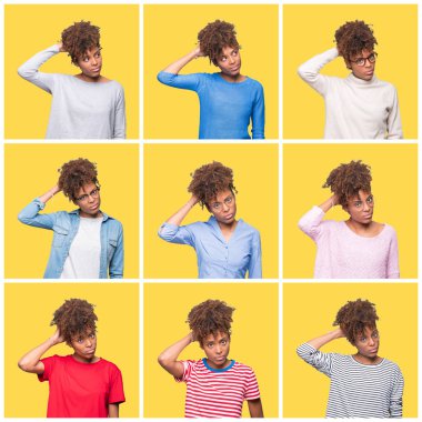 Sarı izole arka plan üzerinde genç güzel Afrikalı kız Kolaj karıştırmayın ve soru hakkında merak ediyorum. Şüpheyle belirsiz, eliyle kafada düşünmek. Pensive kavramı.