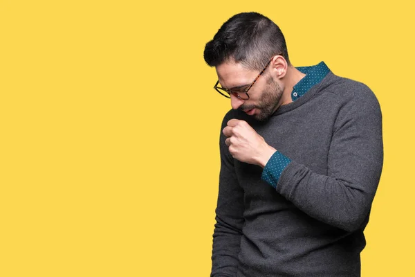 Homem Bonito Jovem Usando Óculos Sobre Fundo Isolado Sentindo Mal — Fotografia de Stock