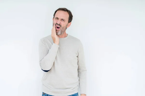 Homme Âgé Élégant Sur Fond Isolé Touchant Bouche Avec Main — Photo