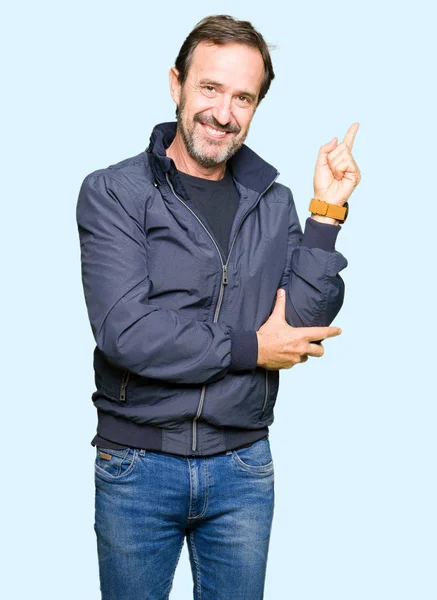 Middle Age Handsome Man Wearing Jacket Big Smile Face Pointing — Stock Photo, Image