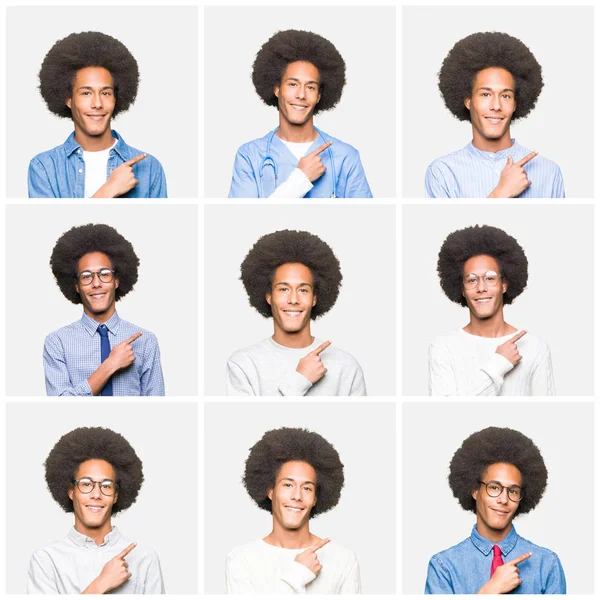 Collage of young man with afro hair over white isolated background cheerful with a smile of face pointing with hand and finger up to the side with happy and natural expression on face
