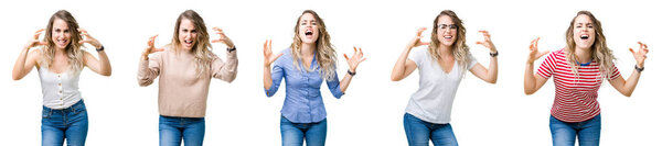 Collage of young beautiful blonde girl over isolated background Shouting frustrated with rage, hands trying to strangle, yelling mad