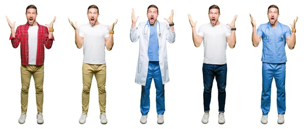 Collage Attractive Young Man White Isolated Background Celebrating Crazy Amazed — Stock Photo, Image