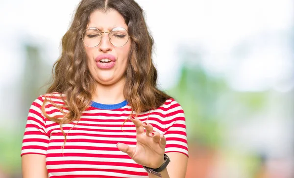 Young Beautiful Woman Wearing Glasses Disgusted Expression Displeased Fearful Doing — Stock Photo, Image