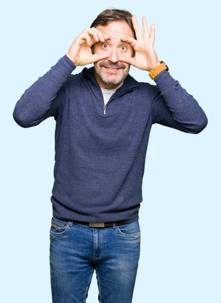 Middle Age Handsome Man Wearing Sweater Trying Open Eyes Fingers — Stock Photo, Image