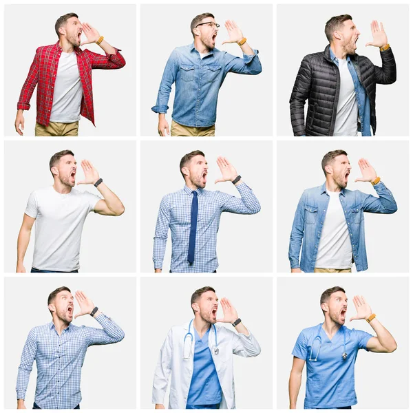 Collage Van Aantrekkelijke Jonge Man Witte Geïsoleerde Achtergrond Schreeuwen Schreeuwen — Stockfoto