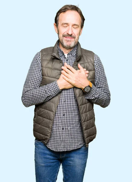 Middle Age Handsome Man Wearing Winter Vest Smiling Hands Chest — Stock Photo, Image