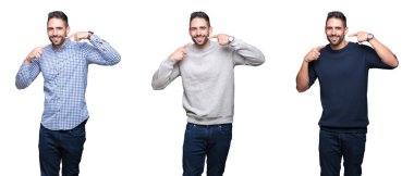 Yakışıklı iş adamı gösterilen ve işaret parmakları diş ve ağız ile kendinden emin gülümseyen beyaz izole arka plan üzerinde kolaj. Sağlık kavramı.