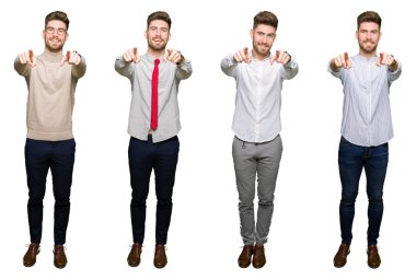 Beyaz izole arka plan üzerinde yakışıklı genç iş adamı Kolaj size ve parmakları ile kamera işaret, olumlu ve neşeli gülümseyen