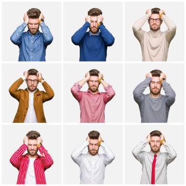 Kolaj yakışıklı genç iş adamı farklı görünüyor çünkü umutsuz ve stresli baş ağrısı acı beyaz izole arka plan üzerinde giyen bir ağrı ve migren. Ellerini kafasına.