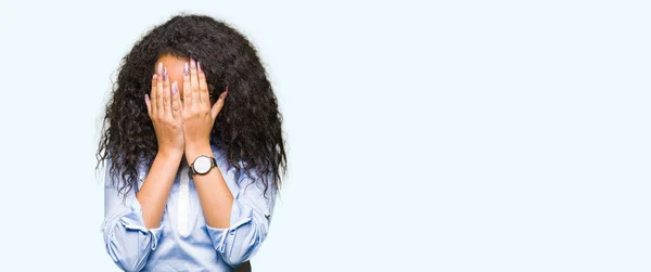 Young Beautiful Business Girl Curly Hair Wearing Glasses Sad Expression — Stock Photo, Image