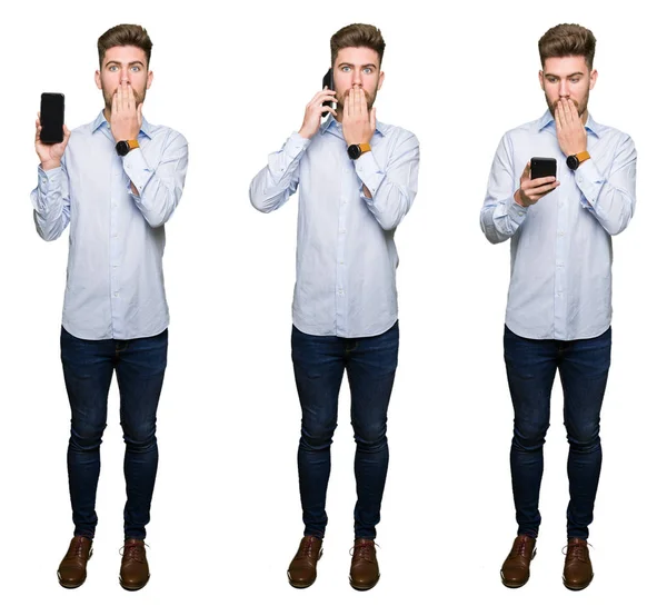 Collage Bel Giovane Professionista Utilizzando Smartphone Sfondo Bianco Isolato Coprire — Foto Stock