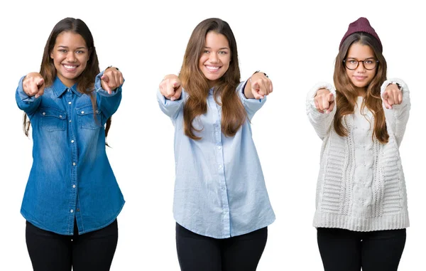 Collage Hermosa Joven Sobre Fondo Aislado Señalando Usted Cámara Con —  Fotos de Stock