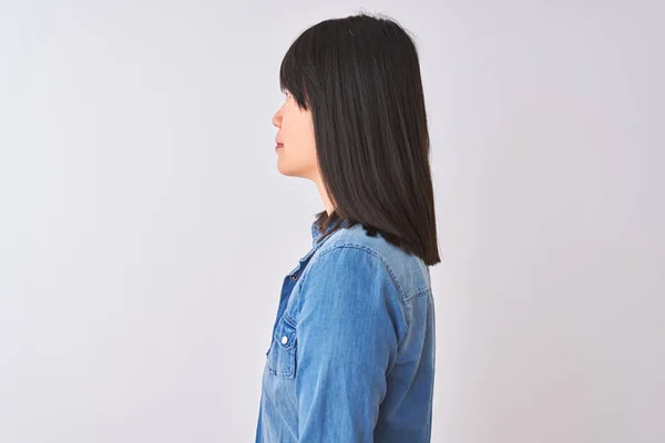 Chinese Woman Wearing Denim Shirt Red Striped Shirt Isolated White — Stock Photo, Image