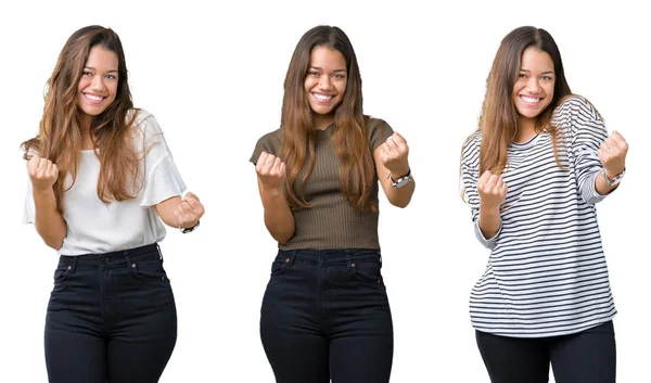 Colagem Bela Jovem Sobre Fundo Isolado Muito Feliz Animado Fazendo — Fotografia de Stock