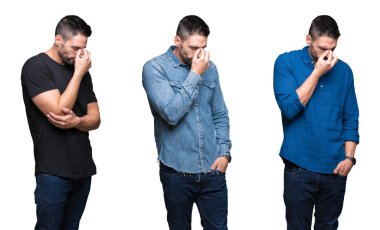 Beyaz izole arka plan yorgun sürtünme burun ve gözleri yorgunluk ve baş ağrısı hissi üzerinde yakışıklı adam kolaj. Stres ve hayal kırıklığı kavramı.