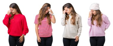 Kolaj izole arka burun ve göz yorgunluğu ve baş ağrısı duygu sürtünme yorgun güzel genç kadın. Stres ve hayal kırıklığı kavramı.