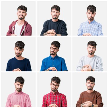 Kolaj bir genç adam acele işaretleme izlemek için zaman, sabırsızlık, üzgün ve kızgın son tarih gecikme için izole arka plan üzerinde