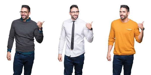 Collage Van Knappe Man Witte Geïsoleerde Achtergrond Glimlachend Met Blij — Stockfoto