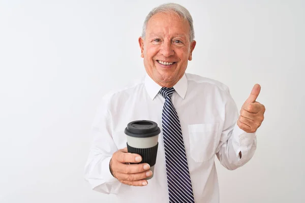 Senior Grey Haired Businessman Drinking Take Away Coffee Isolated White — Stock Photo, Image