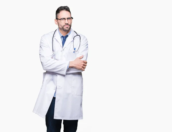 Knappe Jonge Dokter Man Geïsoleerde Achtergrond Scepticus Nerveus Afkeurende Uitdrukking — Stockfoto