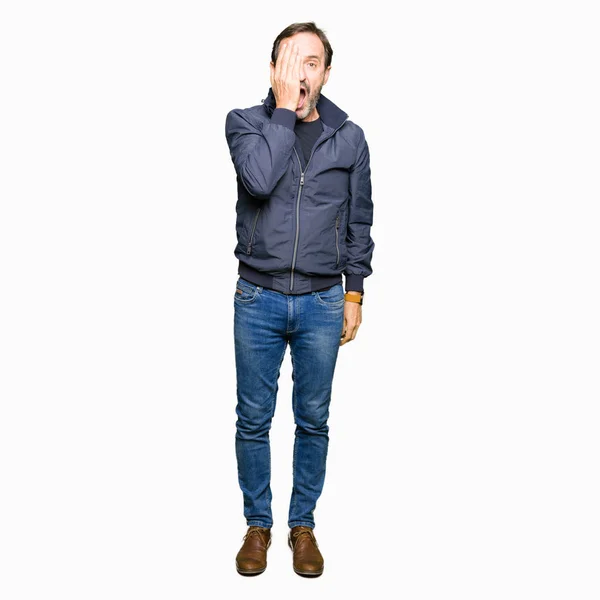 Middle Age Handsome Man Wearing Jacket Yawning Tired Covering Half — Stock Photo, Image