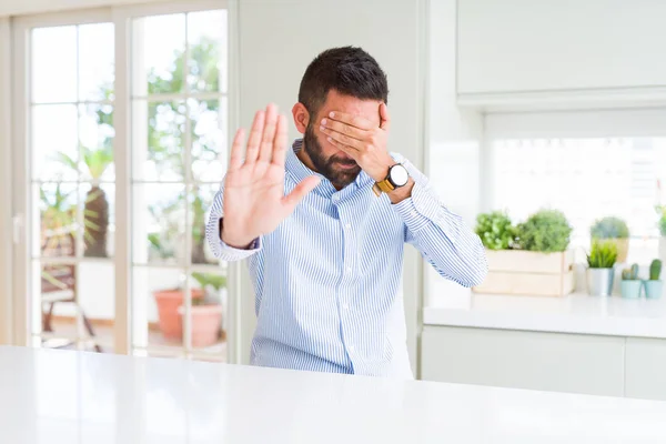 Handsome Hispanic Business Man Covering Eyes Hands Doing Stop Gesture — Stock Photo, Image