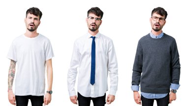 Izole arka plan üzerinde genç adamın kolaj şok yüzünde, şüpheci ve alaycı görünümlü, açık ağız ile şaşırttı