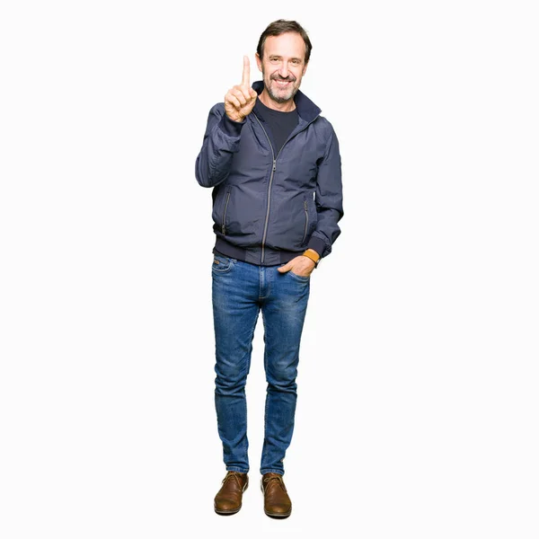 Middle Age Handsome Man Wearing Jacket Showing Pointing Finger Number — Stock Photo, Image