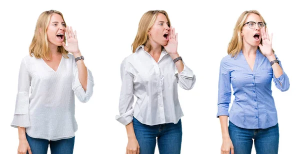 Collage Einer Schönen Blonden Geschäftsfrau Vor Weißem Isoliertem Hintergrund Die — Stockfoto